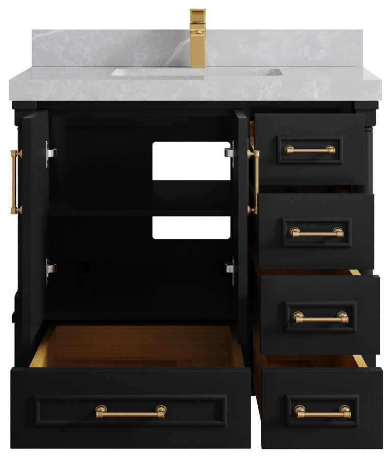 Aberdeen 36 Center Sink Bath Vanity in Black 2" Pearl Gray