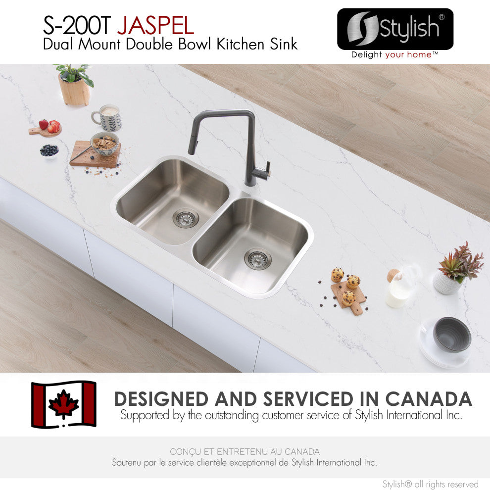 STYLISH Jaspel Dual Mount 32" Double-Bowl Stainless Steel Kitchen Sink