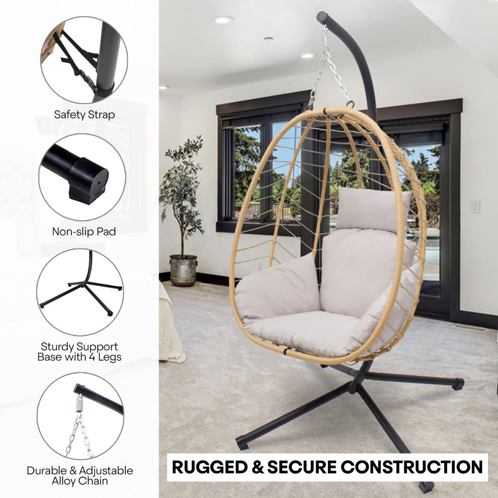 Hanging Egg Chairwith Stand Outdoor Indoor Use Adjustable Height 350lbs Capacity, Beige