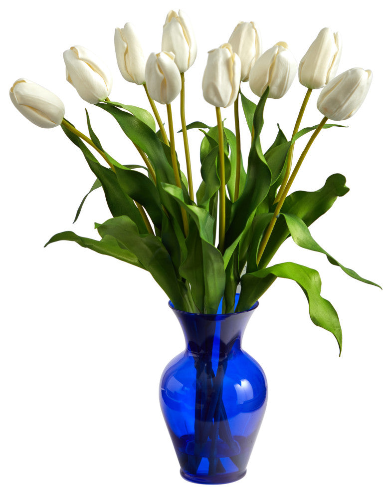 22" Dutch Tulip Artificial Arrangement, Blue Colored Vase
