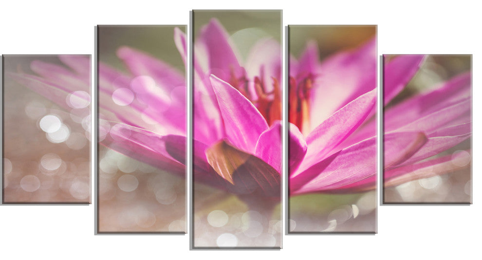 Pink Lotus on Abstract Background, Floral Canvas Art Print, 60"x32", 5 Panels