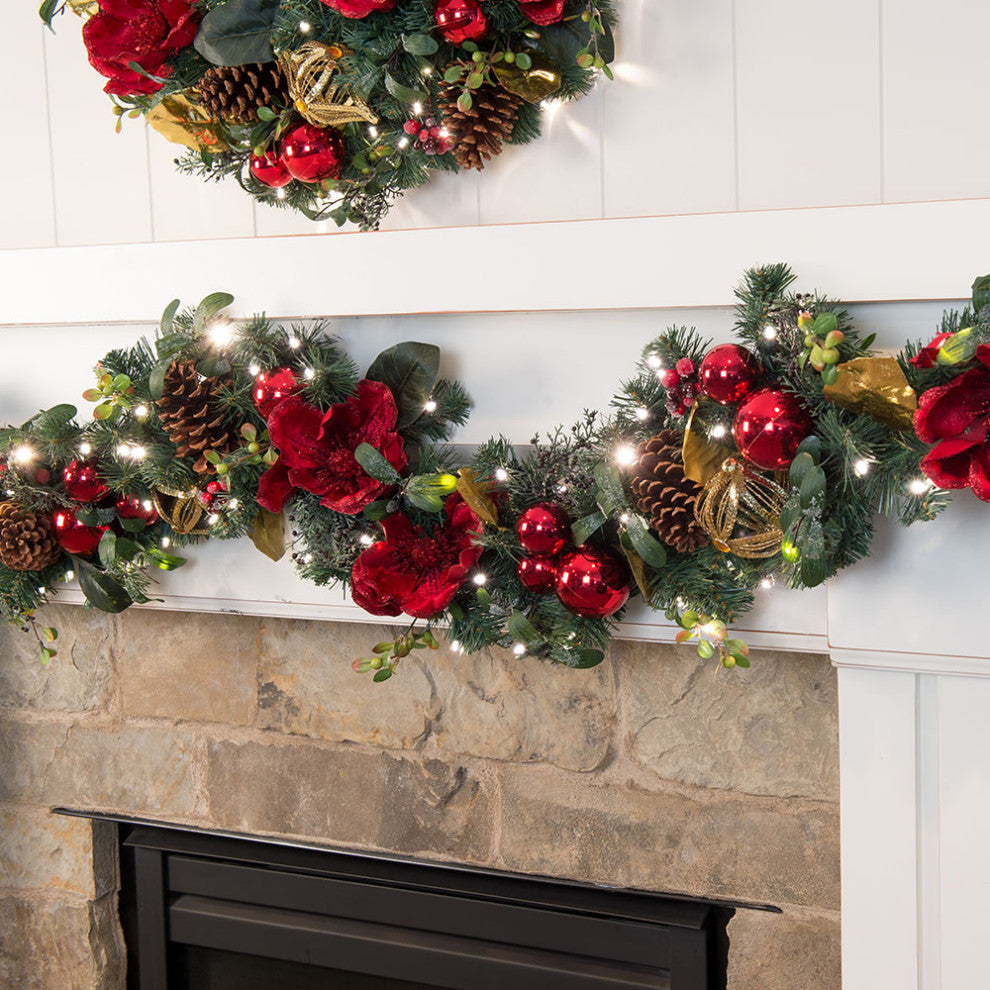 9' Artificial Christmas Garland With Lights Red Magnolia
