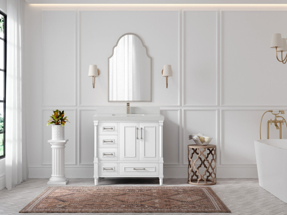 Aberdeen 36 Center Sink Bath Vanity in White 2" Carrara Quartz