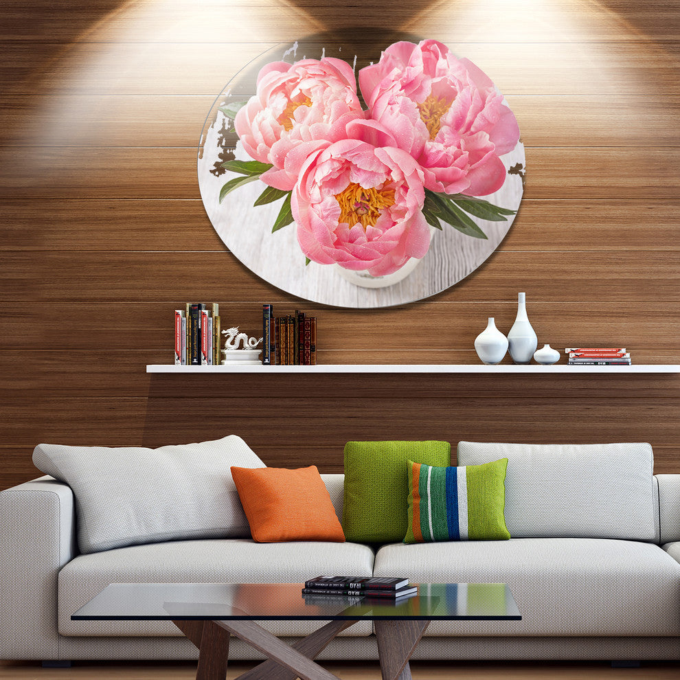 Peony Flowers On White Floor, Floral Disc Metal Wall Art, 23"