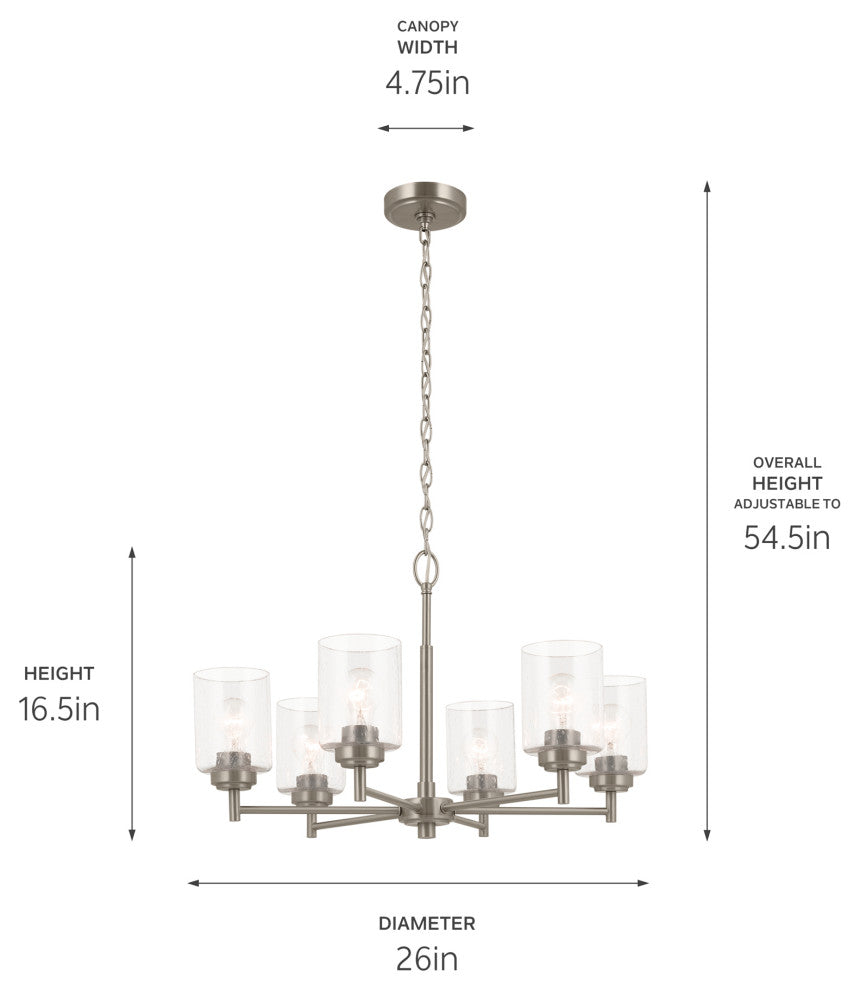 Winslow 26" 6 Light Chandelier With Clear Seeded Glass, Brushed Nickel