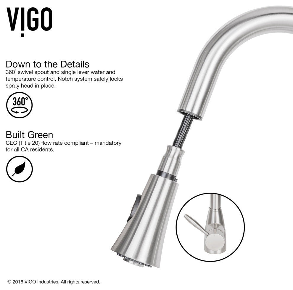 VIGO Aylesbury 16" H Single Handle Pull-Down Sprayer Kitchen Faucet, Stainless Steel, With Soap Dispenser