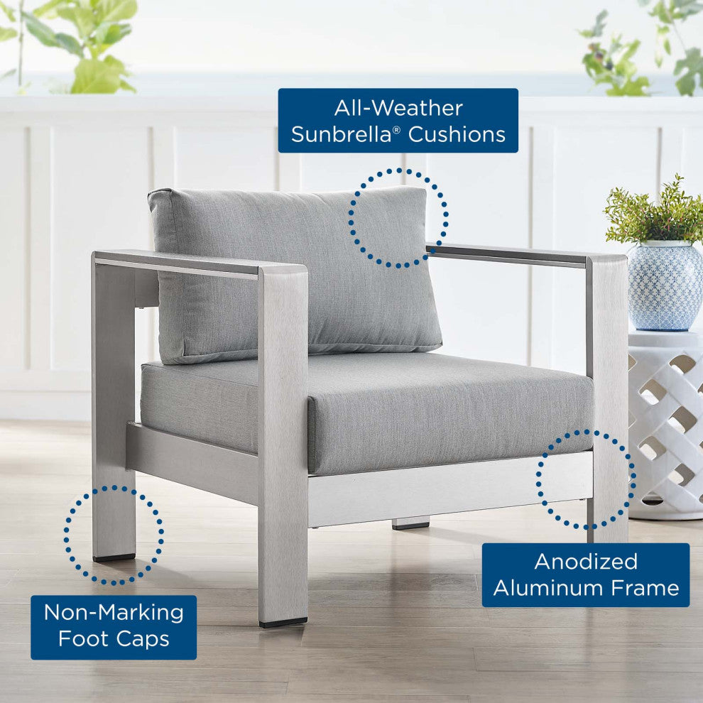 Lounge Chair Armchair, Sunbrella, Fabric, Aluminum, Silver Gray, Outdoor