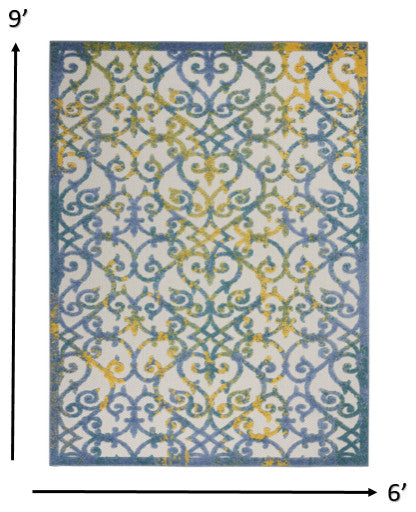 6' X 9' Ivory And Blue Floral Indoor Outdoor Area Rug