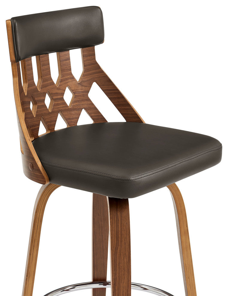26" Cream Faux Leather Curved Back Walnut Wood Swivel Bar Stool