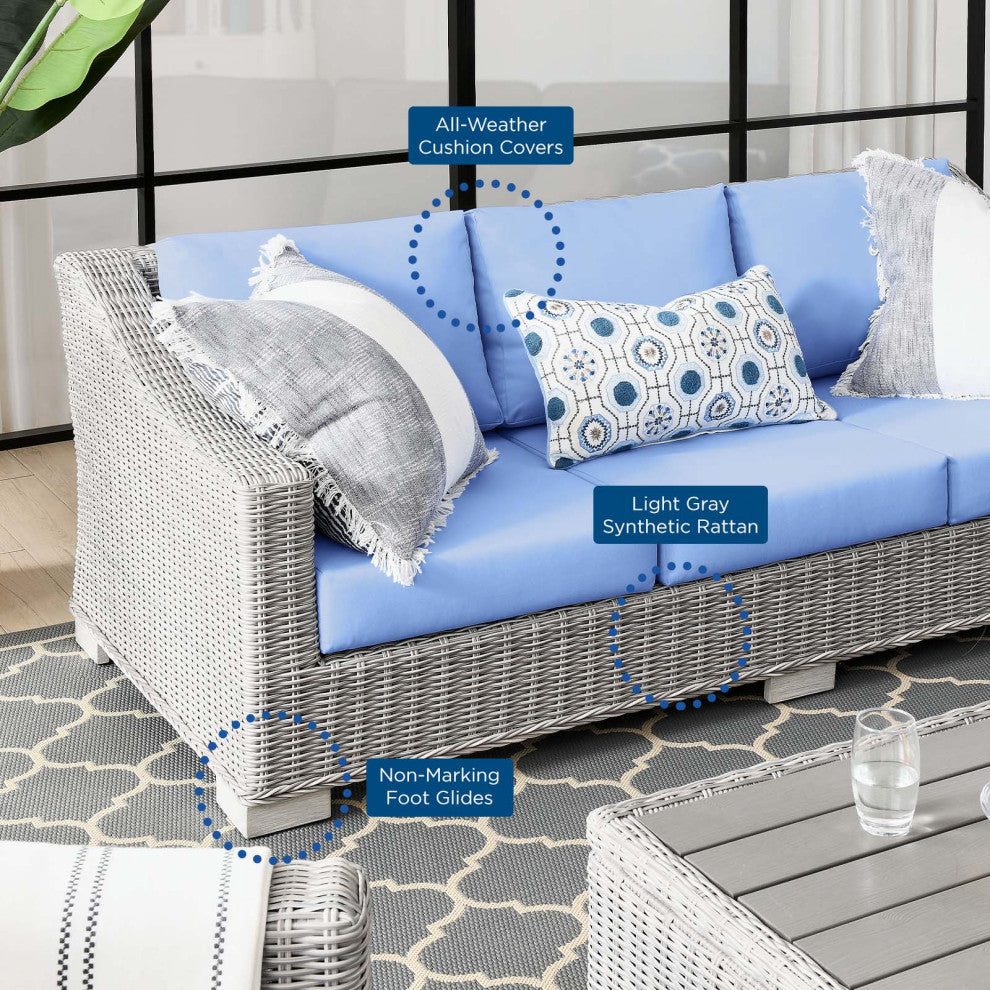 Lounge Sofa, Rattan, Wicker, Gray Blue, Modern, Outdoor Patio Cafe Bistro