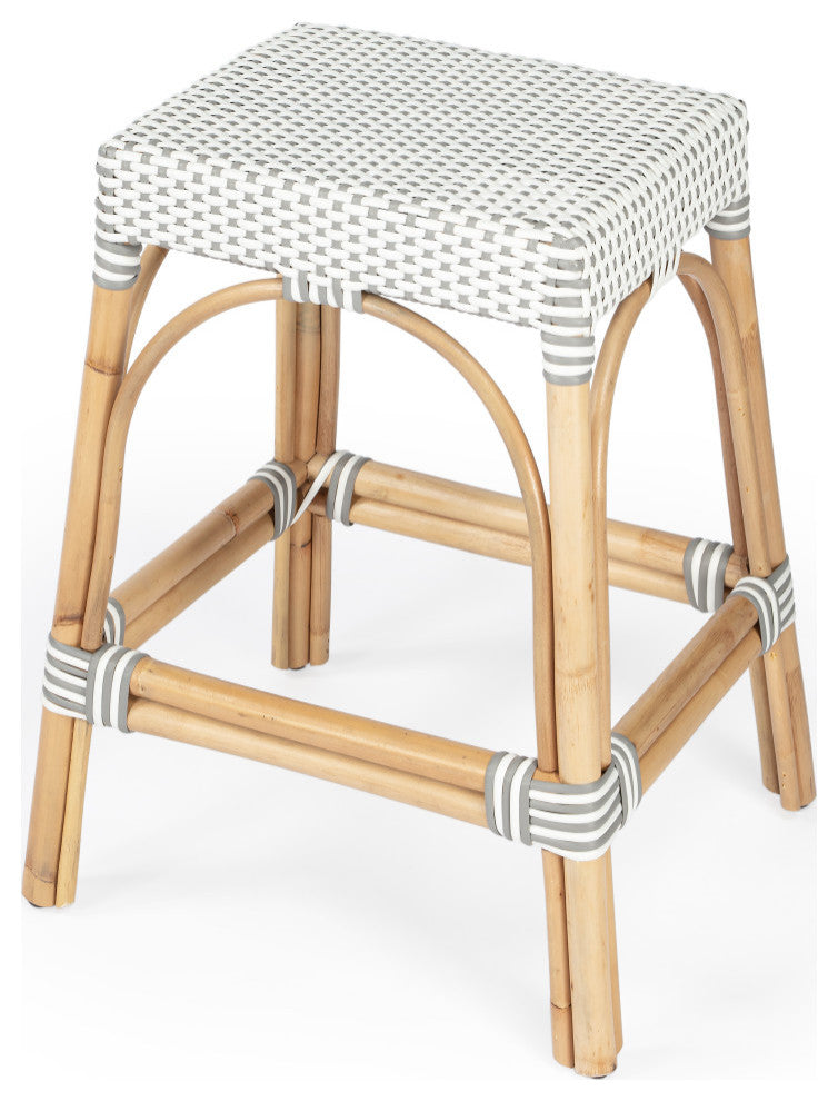 Robias Rectangular Rattan 24.5" Counter Stool, Grey and White