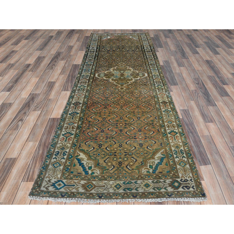 Brown Old Persian Hamadan Fish Mahi Design Hand Knotted Pure Wool Rug, 3'3"x9'2"