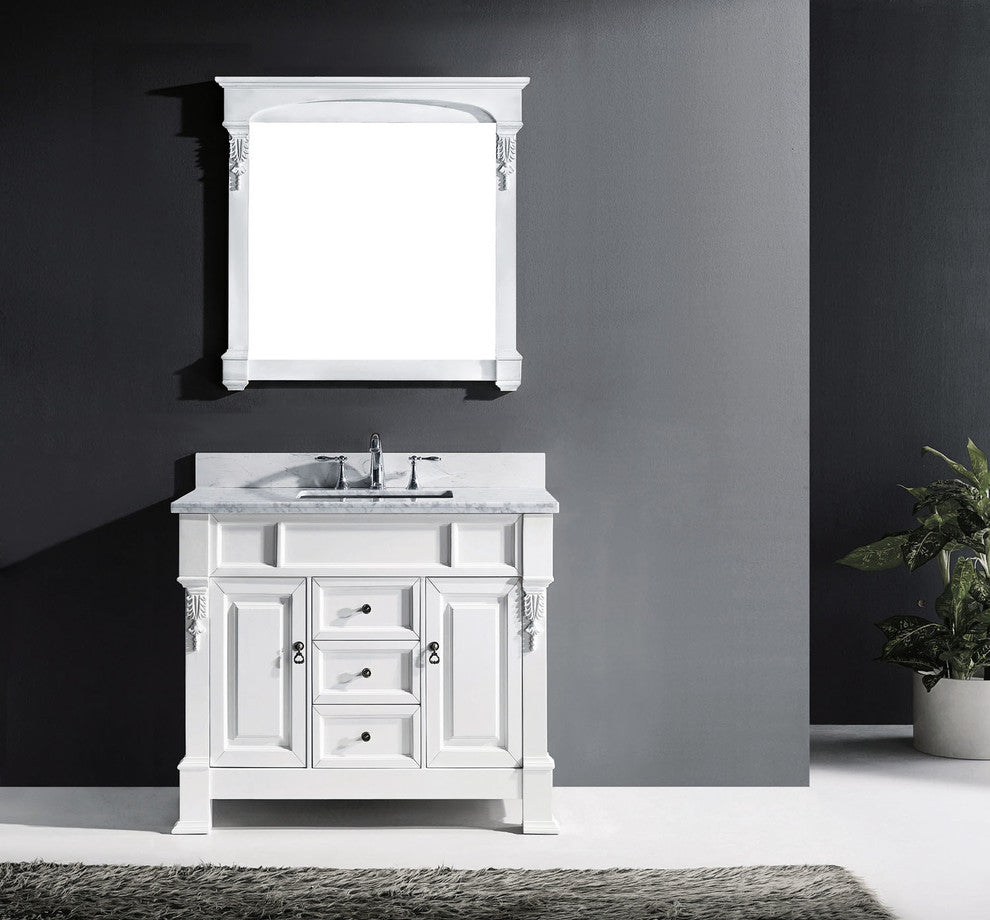 Virtu Huntshire 40" Single Bathroom Vanity, White With Marble Top, With Mirror