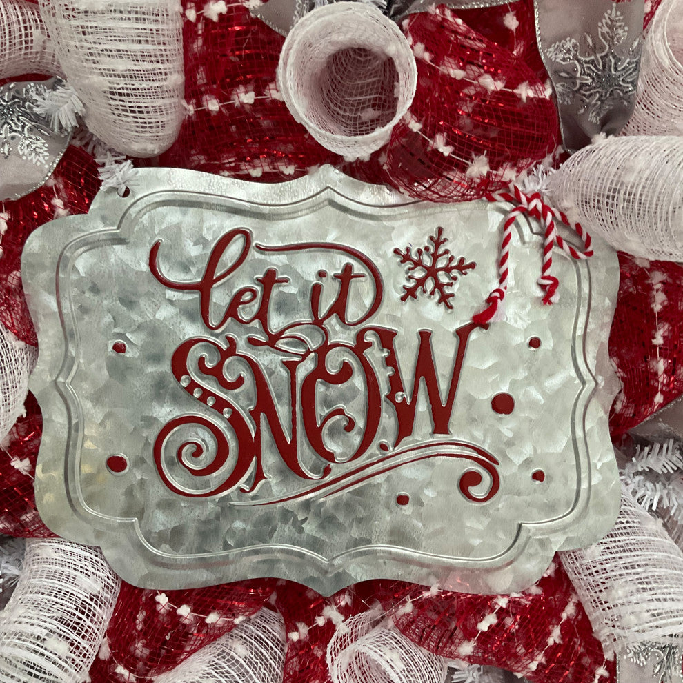 Let It Snow Glittering Red and White Snowdrift Winter Wreath Handmade Deco Mesh