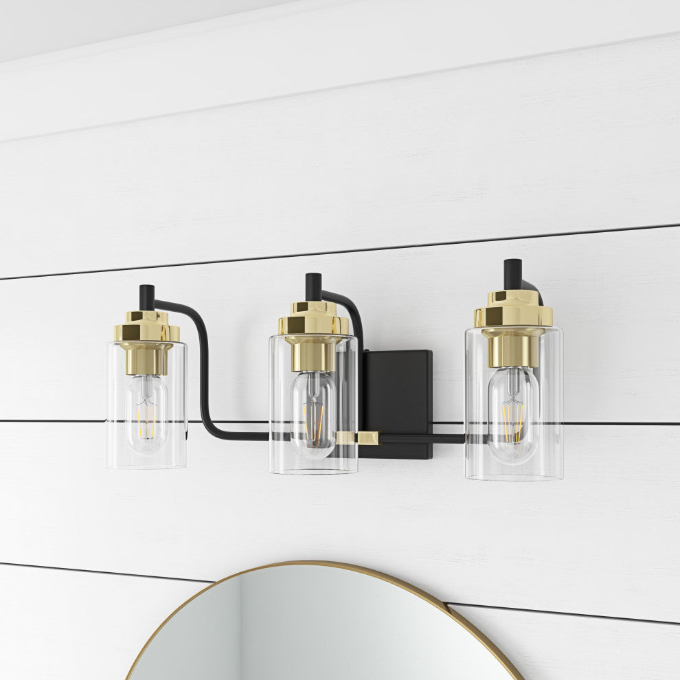 Industrial Metallic Cylinder Transparent Glass Shade Vanity Lighting, 3-Light