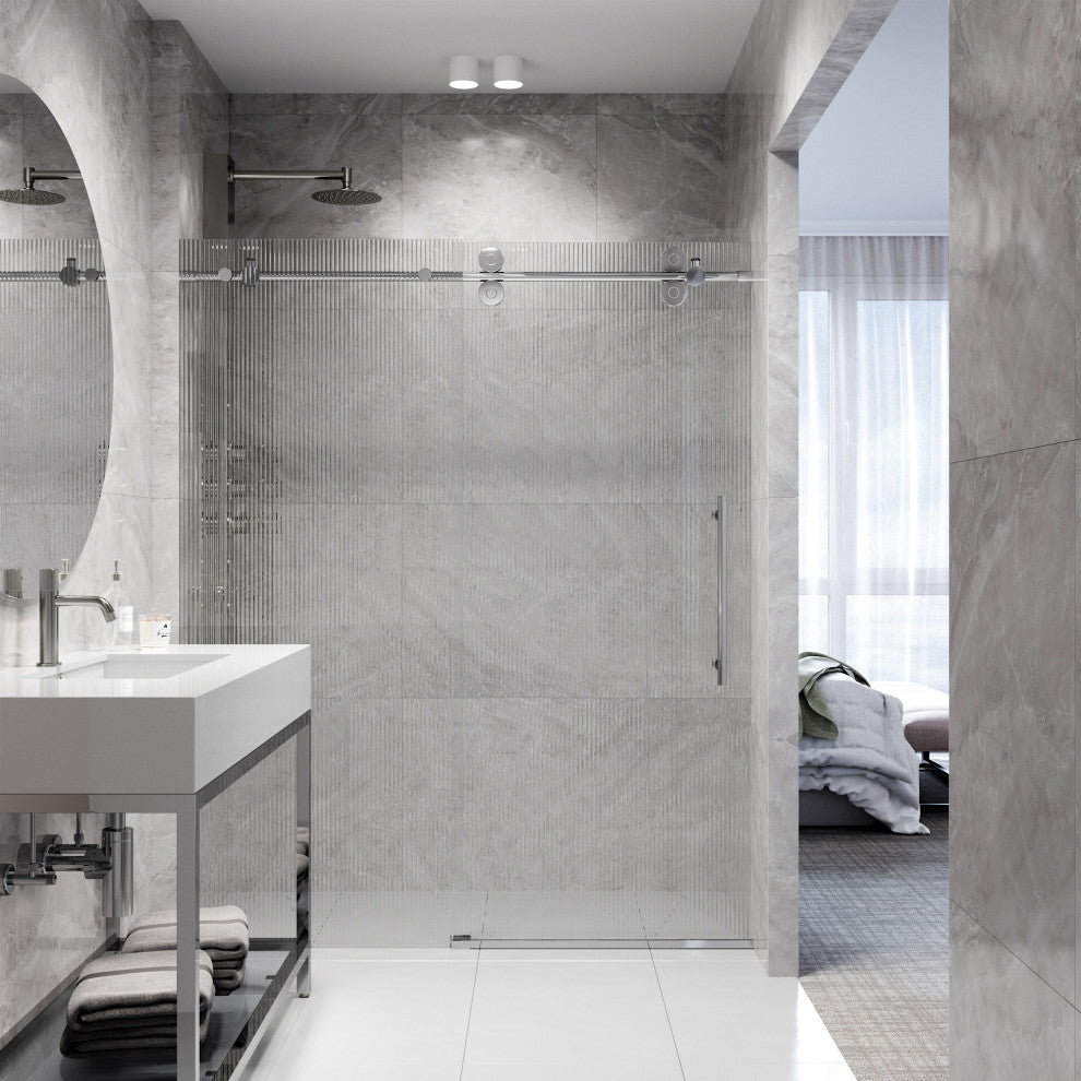VIGO Elan 56" to 60" W x 74" H Frameless Sliding Shower Door, Chrome, Right, Fluted Glass