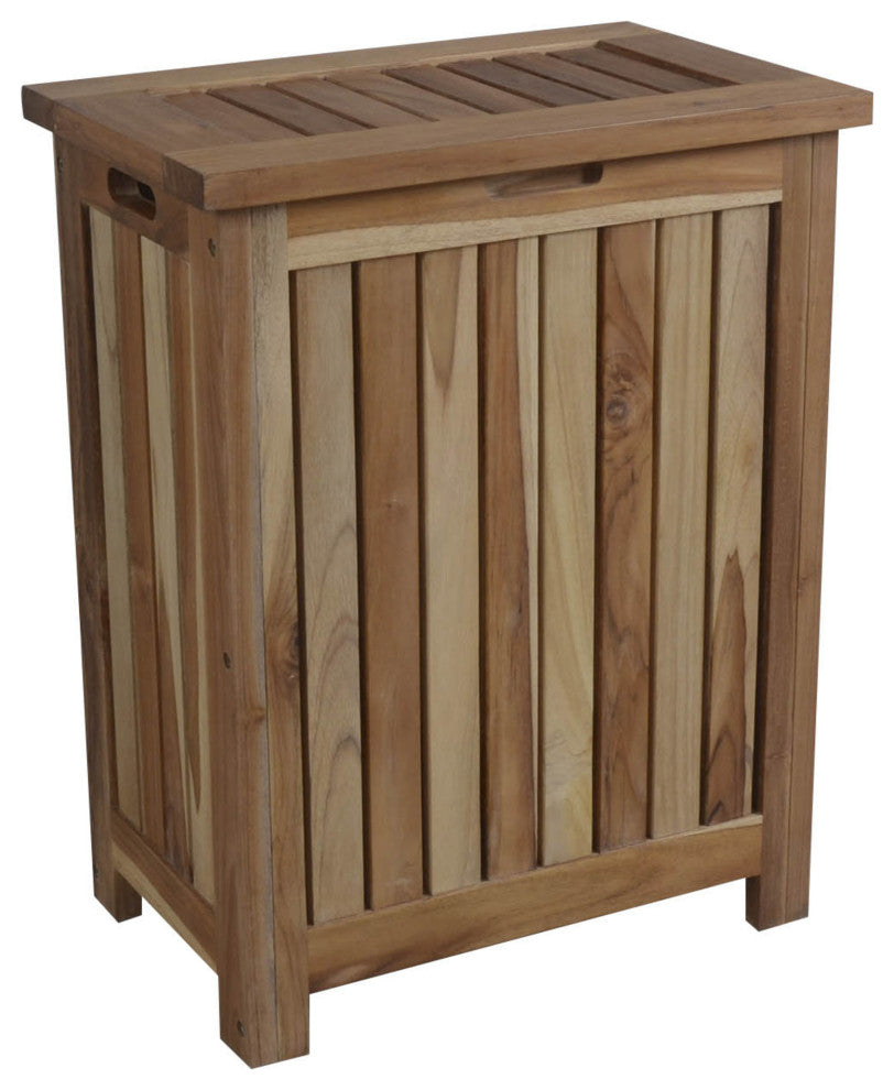 HomeRoots Compact Teak Laundy Storage With Removable Bag, Natural Finish
