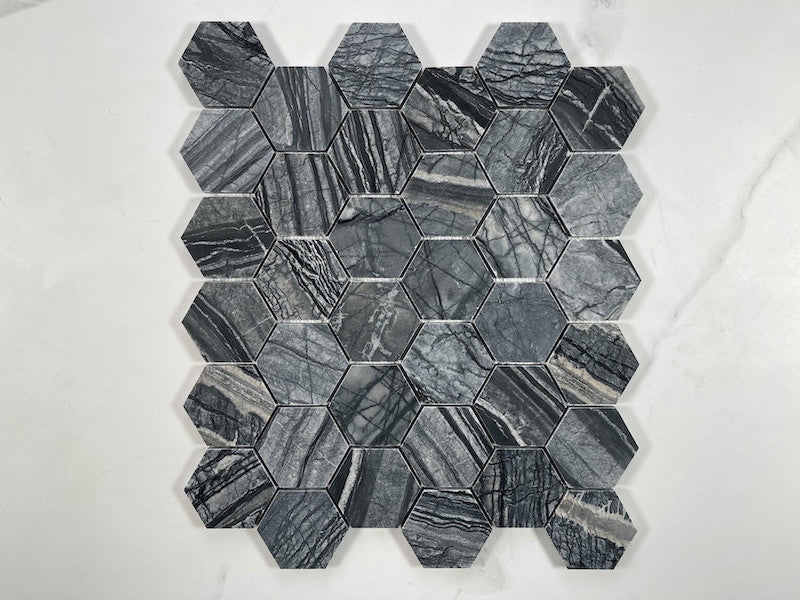 Silver Wave Black Forest Marble 2 Hexagon Mosaic Wall Floor Tile Honed, 1 sheet