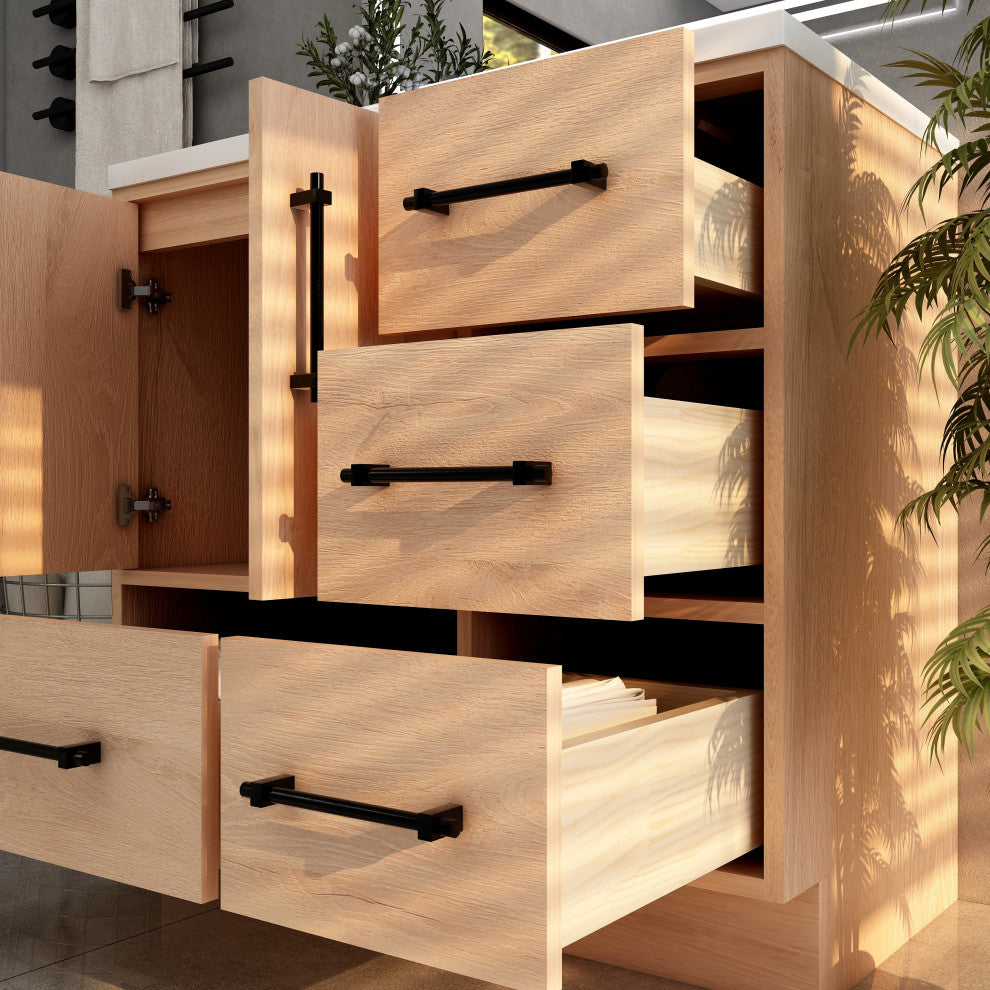 Victoria 36" Solid Wood Bath Vanity Right Side Drawers, Red Oak