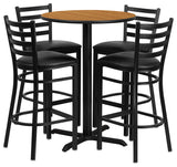 30'' Round Natural Laminate Table, 4 Ladder Back Metal Barstools-Black Seat