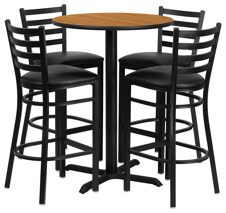 30'' Round Natural Laminate Table, 4 Ladder Back Metal Barstools-Black Seat
