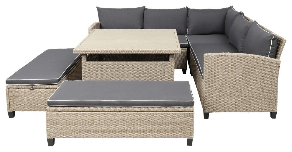 6 Pieces Outdoor Rattan Patio Sectional Sofa With Table and Benches