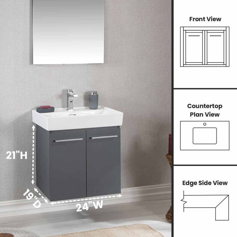 Vita Collection Gray Bathroom Vanity With Sink, Mirror, Countertop, 24