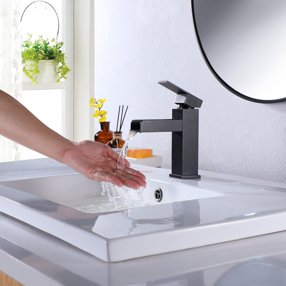 Waterfall Single Hole Bathroom Faucet with Deck Plate, Matte Black