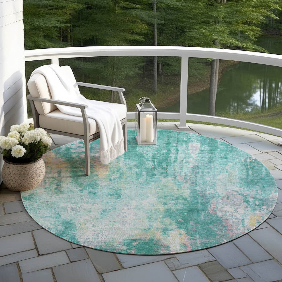 Machine Washable Indoor/Outdoor Chantille ACN1640 Teal 8' x 8' Round Rug