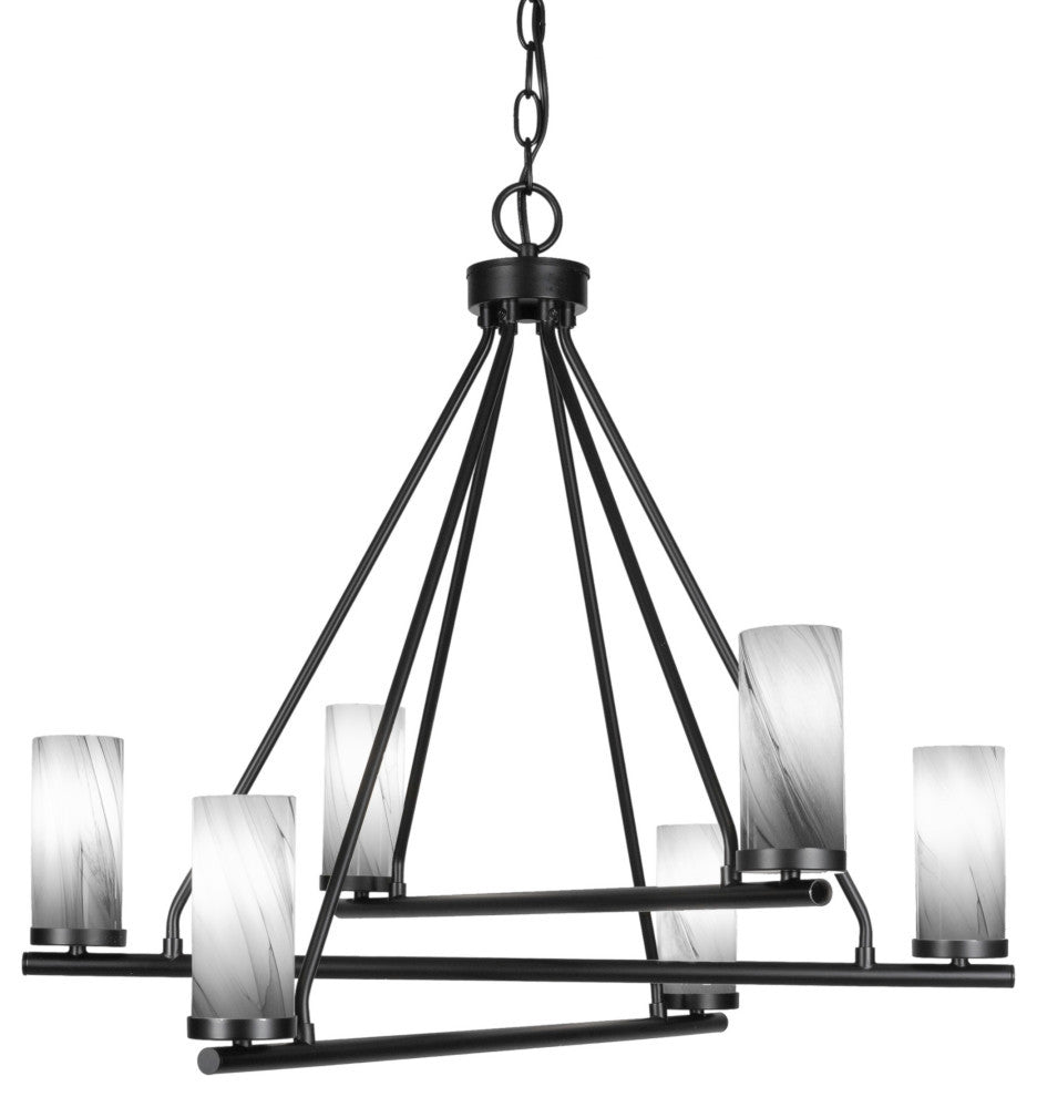 Trinity 6 Light Chandelier Shown, Matte Black Finish, 2.5" Onyx Swirl Glass