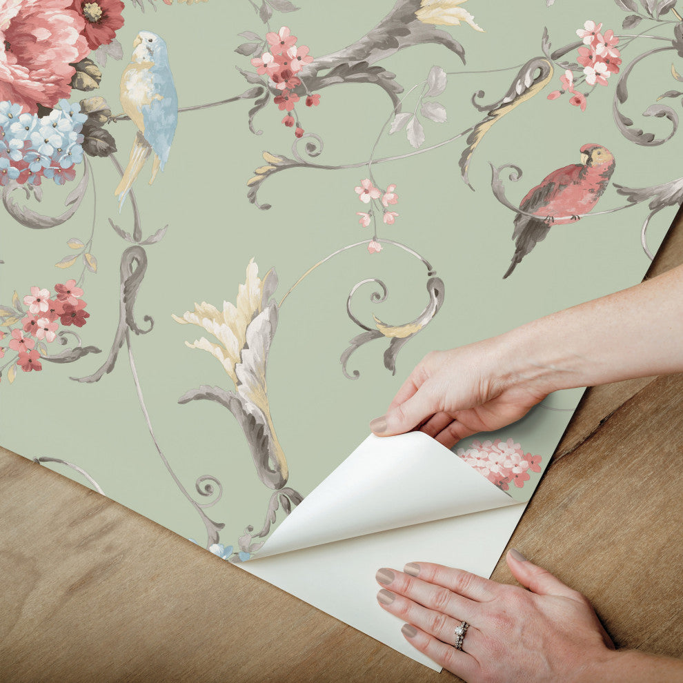 Parrots with Floral Bouquets Eucalyptus Peel and Stick Wallpaper
