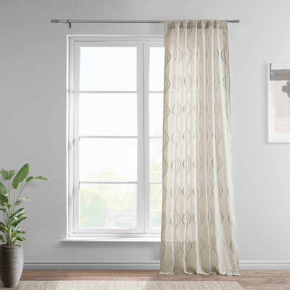 Suez Natural Embroidered FauxLinen Sheer Curtain Single Panel, 50"x96"
