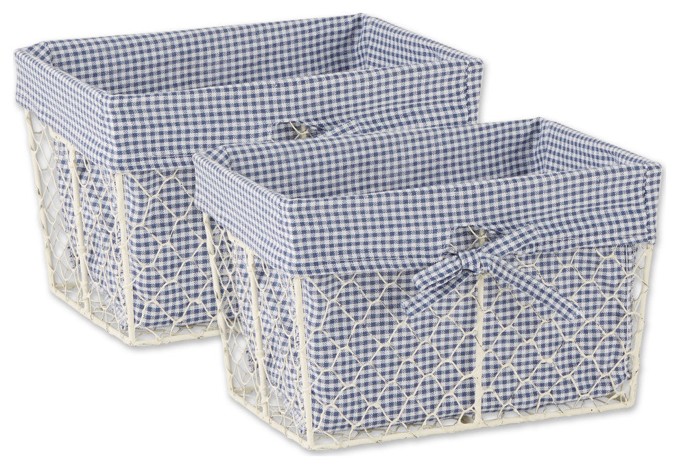 Medium Antique White Chicken Wire Blue & White Check Liner Basket (Set of 2)