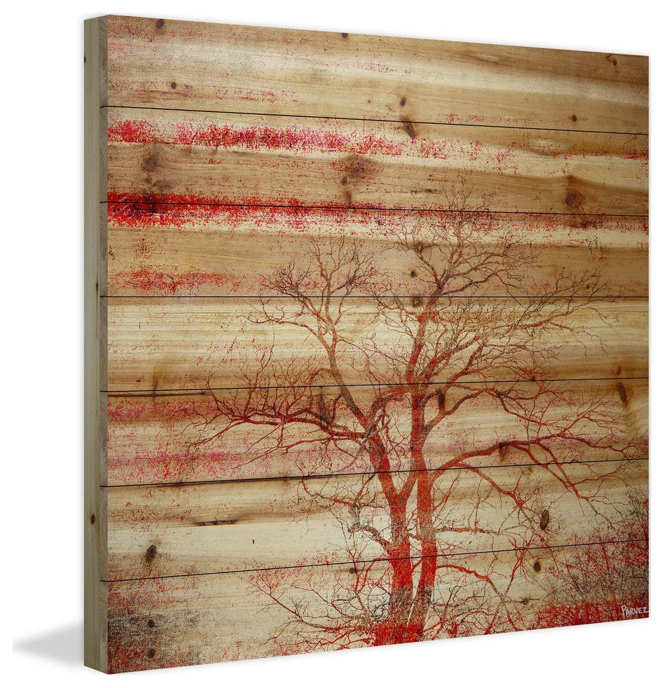 "Red Branches" Print on Natural Pine Wood, 24"x24"