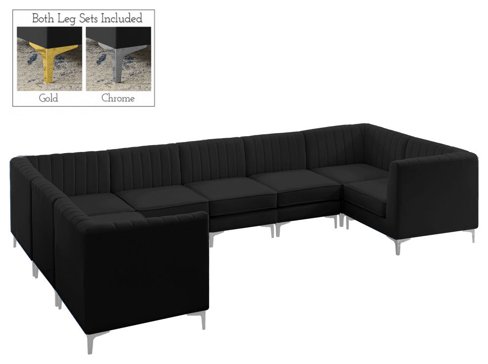 Alina Black Velvet 8-Piece Modular Sectional, Black, U-Shaped