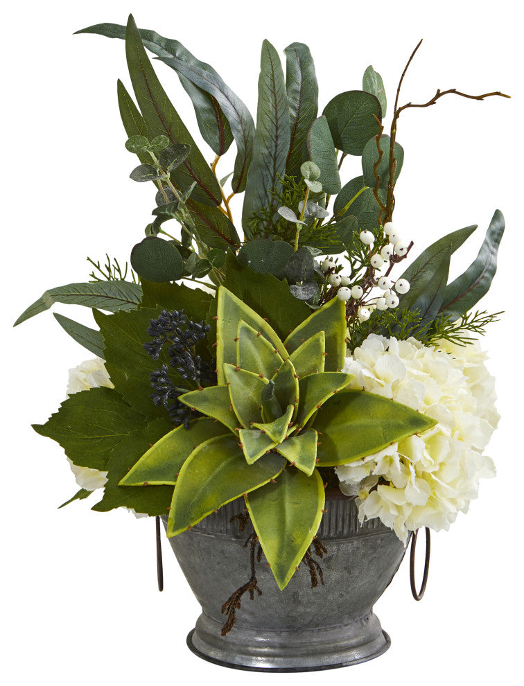 Hydrangea, Succulent & Eucalyptus Faux Arrangement, Vintage Bowl W/ Copper Trim