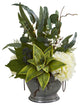 Hydrangea, Succulent & Eucalyptus Faux Arrangement, Vintage Bowl W/ Copper Trim
