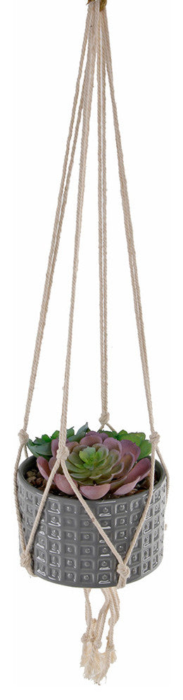 Faux Succulents Garden Macrame Grey Hanging Ceramic Planter, 4.5"