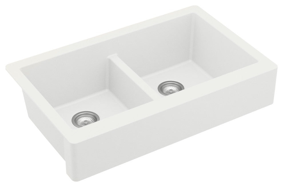Karran Retrofit Farmhouse Quartz 34" Double Bowl Sink, White