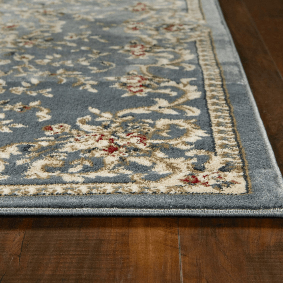 8' X 10' Slate Blue Floral Bordered Indoor Area Rug