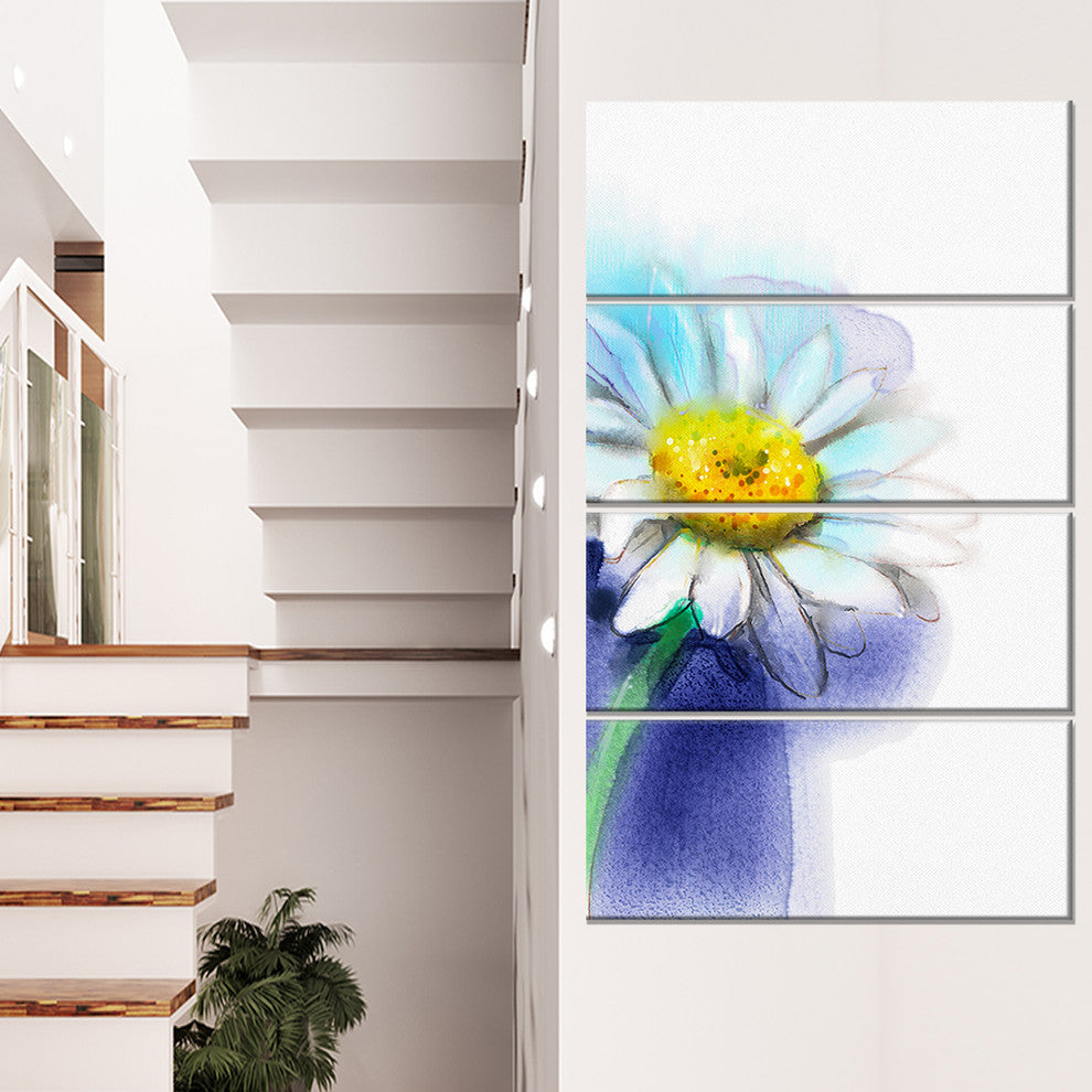"White Gerbera Daisy in Blue" Flower Canvas Wall Art, 4 Panels, 28"x48"