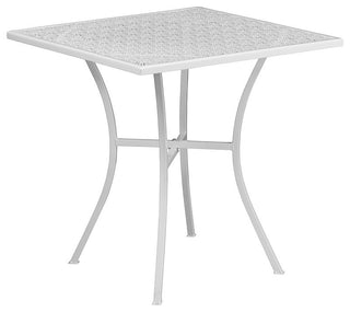 28" Square White Indoor-Outdoor Steel Patio Table Set, 4 Round Back Chairs