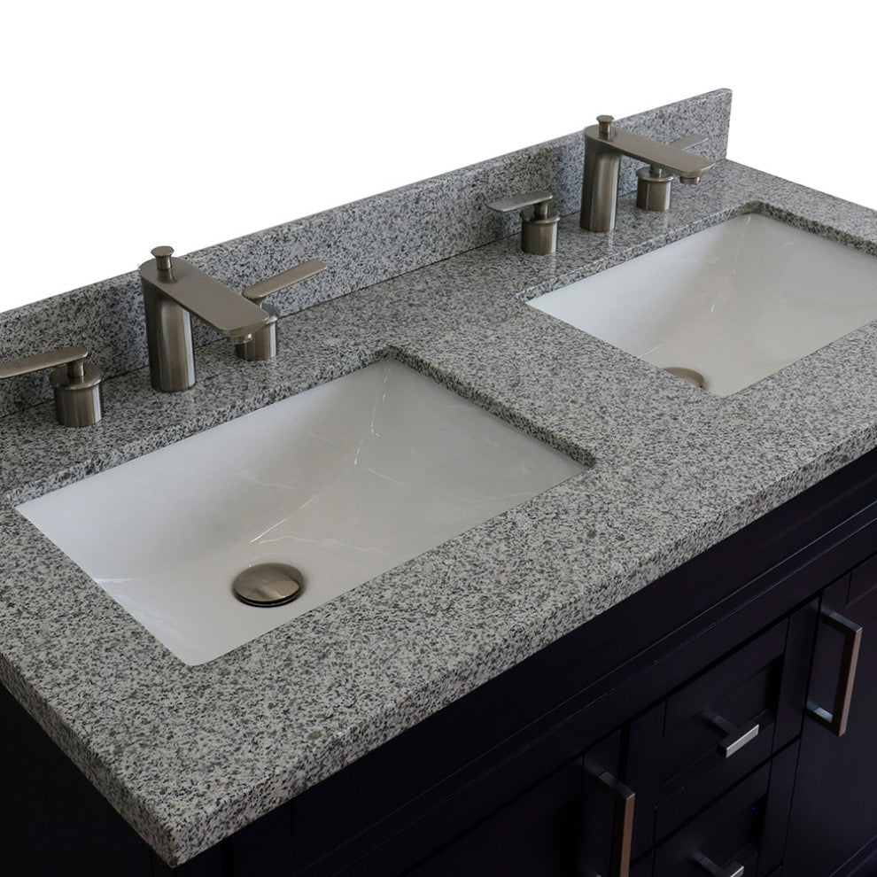 48" Double Sink Vanity, Blue Finish With Gray Granite And Rectangle Sink