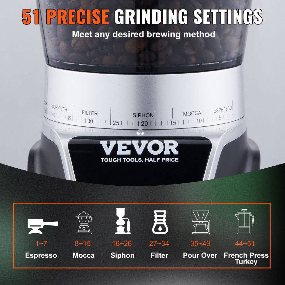 VEVOR Coffee Grinder 14 Cups Electric Burr Mill 40MM Conical Burrs for Espresso