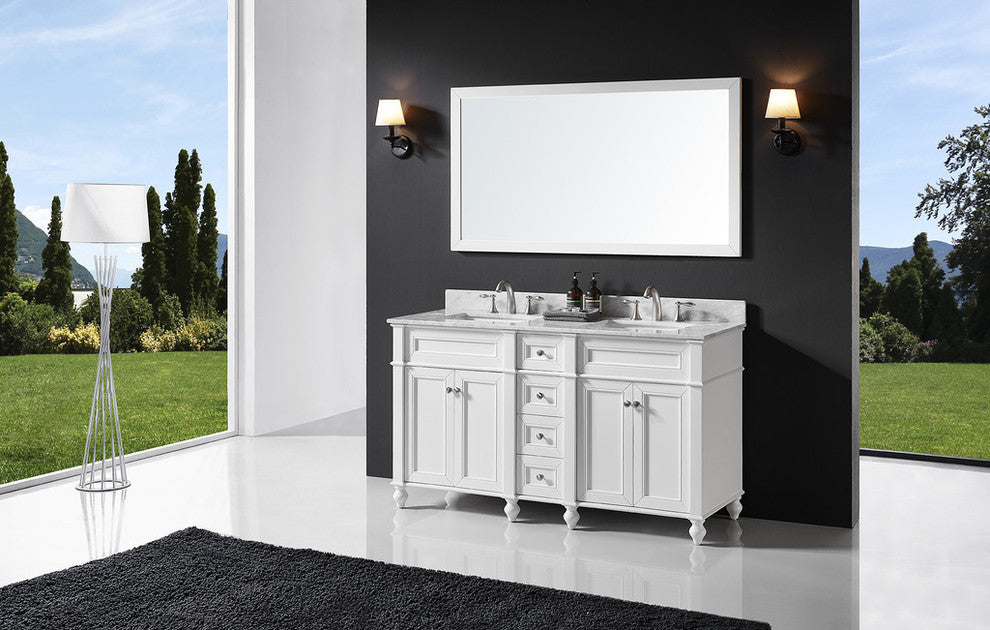 60" Double Bathroom Vanity, White with Carrara White Marble Top