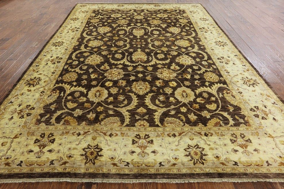 Oushak Peshawari Chobi Brown Hand-Knotted Wool Rug, 9'x12'