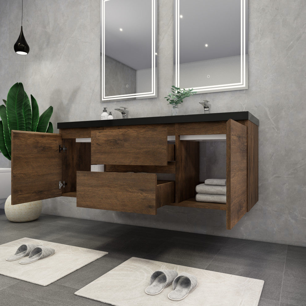 Belli 60" Double Sink Wall Mount Vanity Set, Rosewood, Matt Black Top