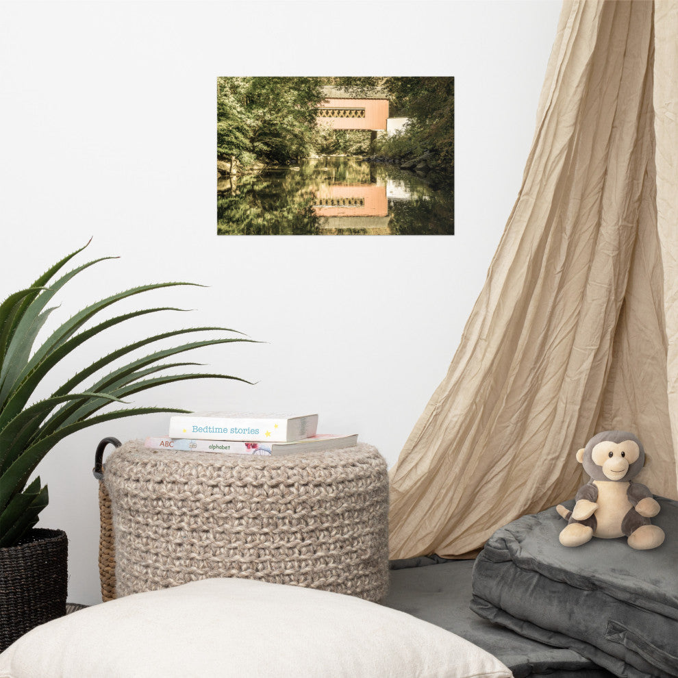 The Reflection of Wooddale Covered Bridge Aged Unframed Wall Art Print, 12" X 18"