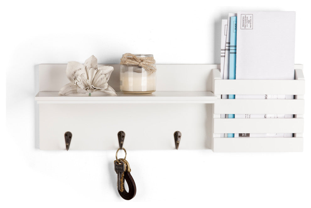 Danya B. Utility Shelf With Pocket and Hanging Hooks, White