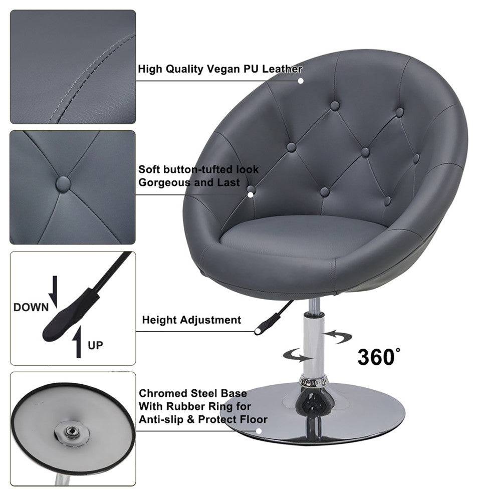 Button Tufted Swivel PU Leather Papasan Chair, Grey
